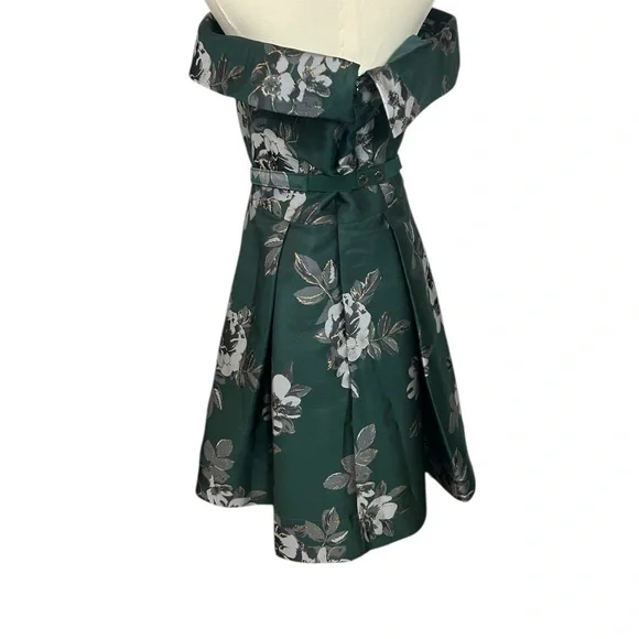 Eliza J Off the Shoulder Emerald Green Brocade Floral Belted Dress Sz 10 - Picture 5 of 16